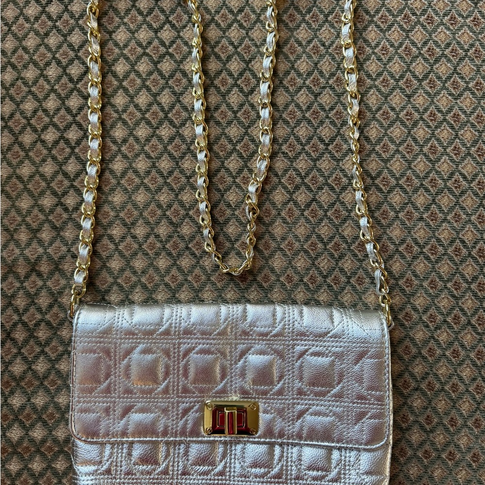 Paradox Silver Quilted Shoulder Bag with Gold Chain